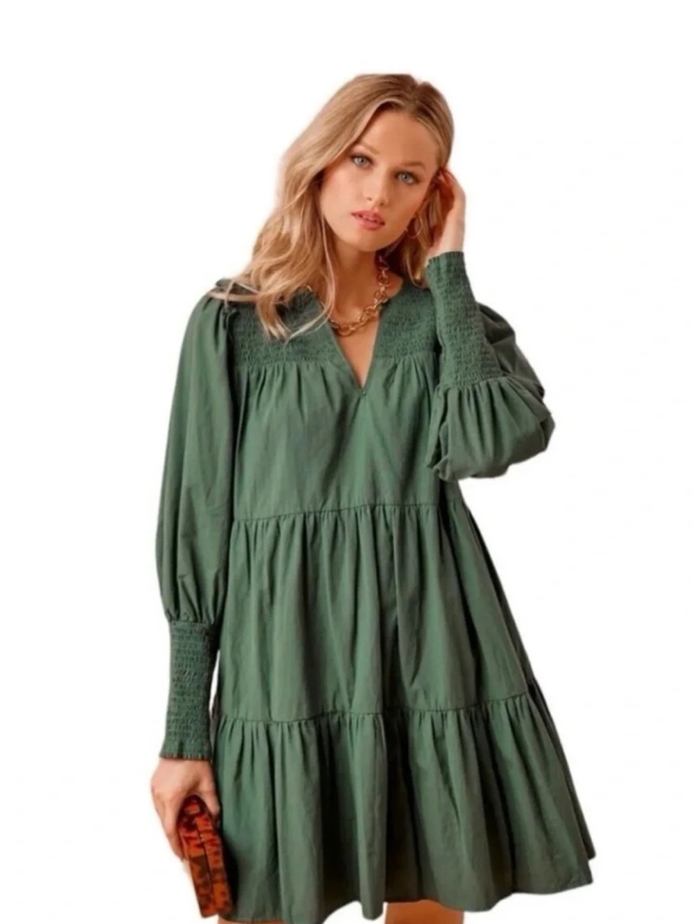 Tuckernuck Pomander Place Cici Green Smocked Tiered Long-Sleeve Dress Small